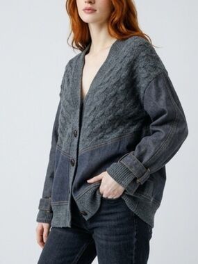 Anthropologie Mixed-Knit Denim-Trim Cardigan Sweater